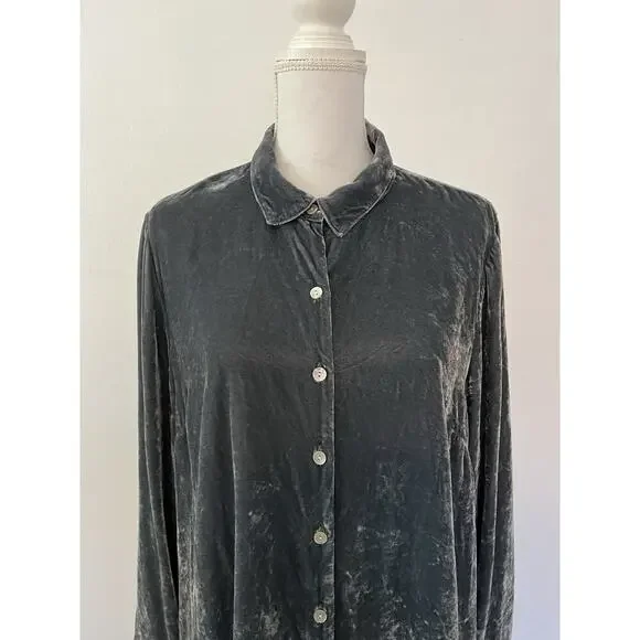 J Jill Womens Silk Blend Velvet Button Up Shirt Size LP Gray Blue Fairy Whimsy - Picture 4 of 8